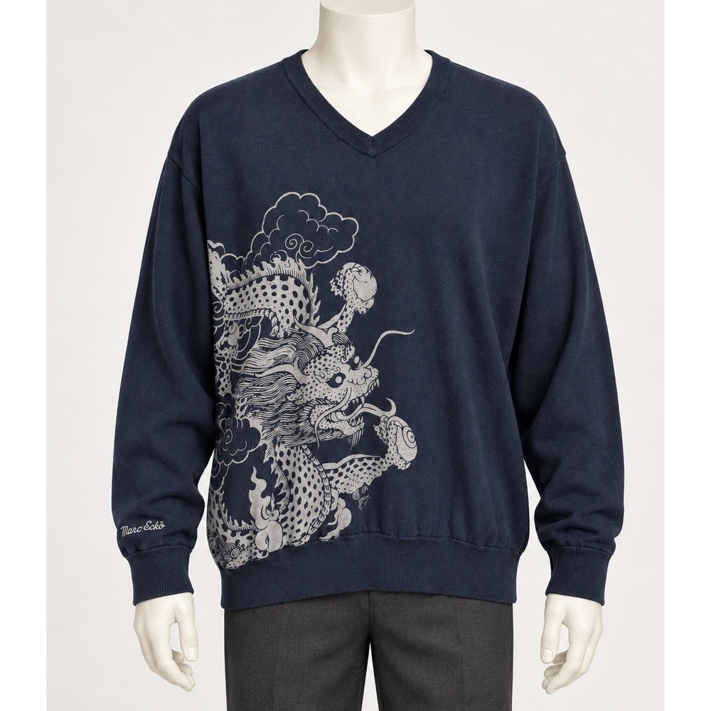 Marc Ecko Cut & Sew Dragon Graphic V Neck Sweater XXL Y2K Black 100% Cotton